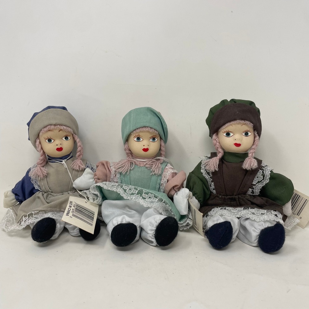 Vintage Porcelain Head Sitting Dolls Trio Lace Aprons Yarn Hair Set of 3